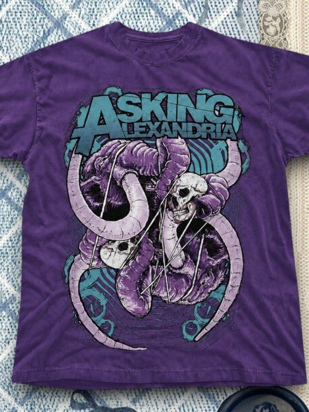 Gildan Purple Asking Alexandria Graphic Tee with Teal Print